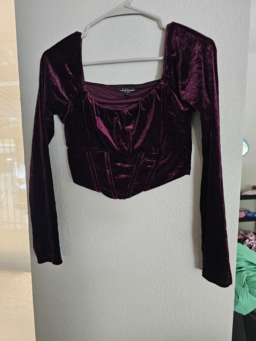 Velvet Long-Sleeve Corset Crop Top - Plum